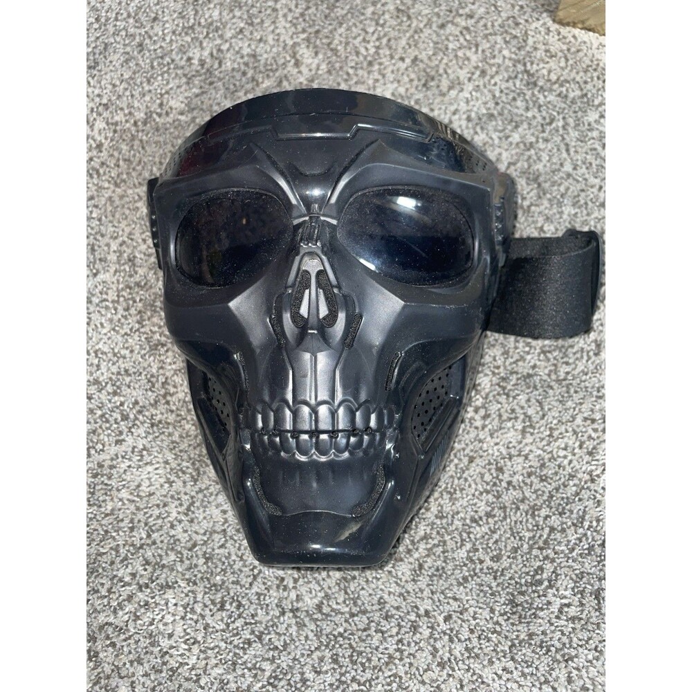 black tactical-style skull mask with built-in goggles and an adjustable strap